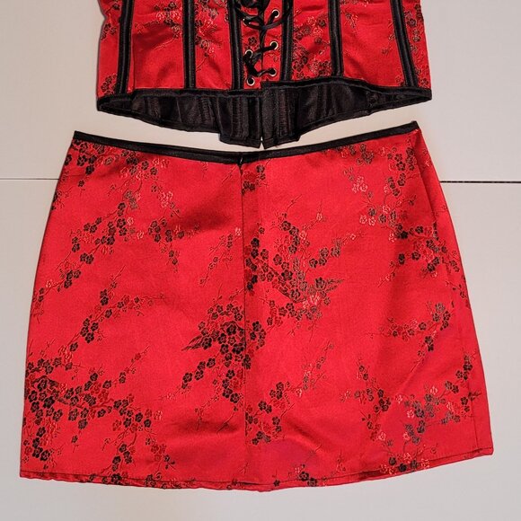 Women Lace Up Red/Black Bustier Corset & Skirt Burlesque Top Waist Cincher - Picture 4 of 5